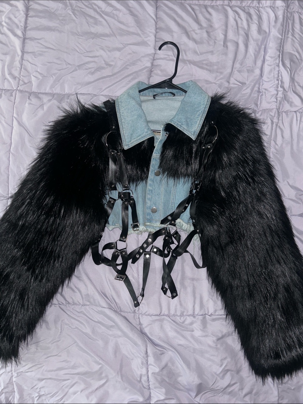 AKIRA Black Faux Fur Sleeve Light Blue Denim Cropped Jacket with Harness Straps